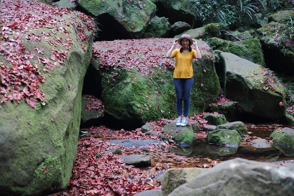 Yere Düşmüş Kırmızı Akçaağaç Yapraklarıyla Kaplı Bir Kadın Phu Kradueng — Stok fotoğraf