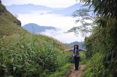 Kadın ayakta ve Doi Pha Tang Chiang Rai, Tayland manzarasının tadını çıkarıyor.