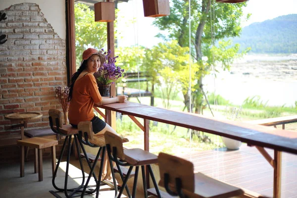 Woman Watching River View Glass — Stock Photo, Image