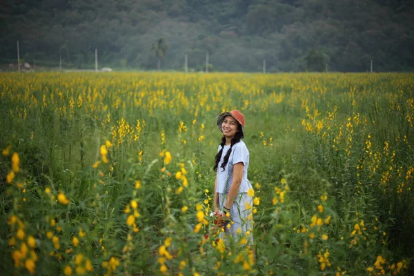 Tayland Rayong Daki Crotalaria Juncea Tarlasında Duran Bir Kadın — Stok fotoğraf
