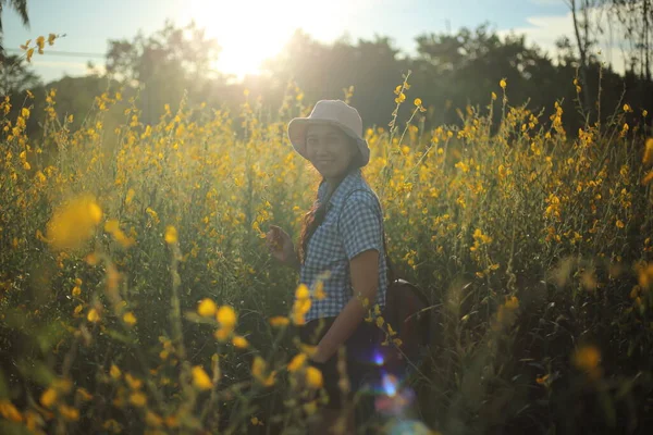 Tayland, Rayong 'daki crotalaria juncea tarlasında duran bir kadın.