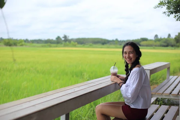 Woman Sitting Watching Rice Fields Rayong Thailand — Stock Photo, Image