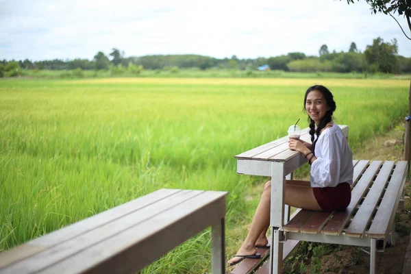 Mulher Sentada Assistindo Campos Arroz Rayong Tailândia — Fotografia de Stock