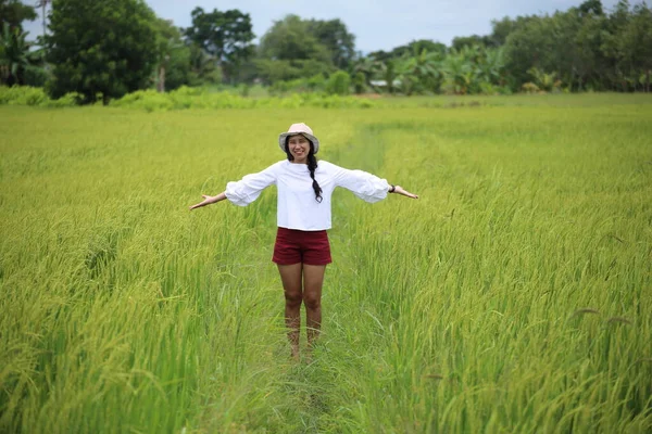 Uma Mulher Campo Arroz Rayong Tailândia — Fotografia de Stock