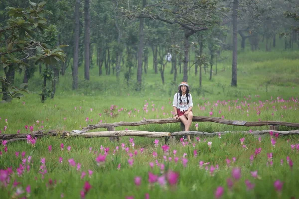 Mulheres Nos Campos Flores Krachiew Parque Nacional Sai Thong Chaiyaphum — Fotografia de Stock