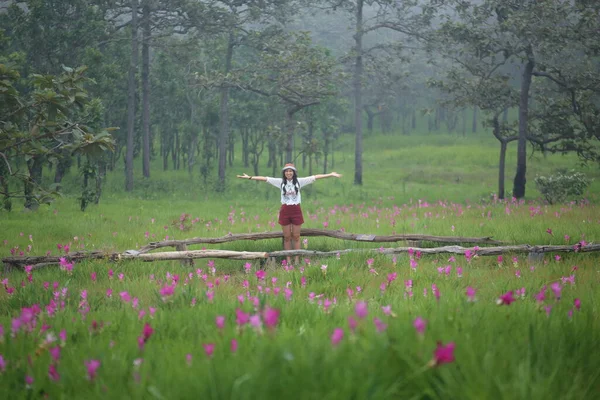 Donne Nei Campi Fiori Krachiew Sai Thong National Park Chaiyaphum — Foto Stock