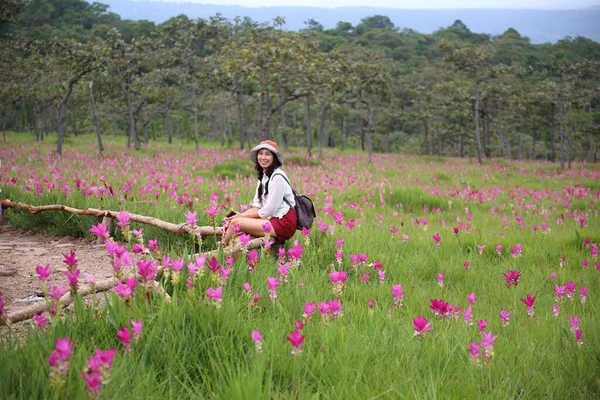 Mulheres Nos Campos Flores Krachiew Parque Nacional Sai Thong Chaiyaphum — Fotografia de Stock