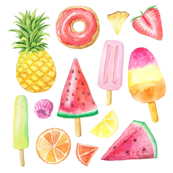 Watercolor summer fruits, donut and icecream — Stock Photo, Image