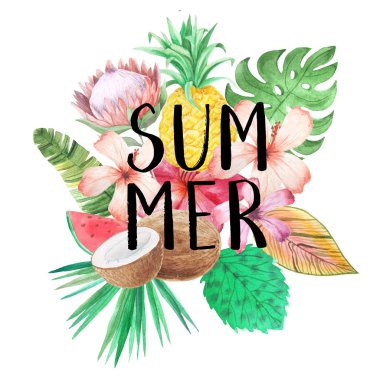 Suluboya tropikal yaz baskı kompozisyon