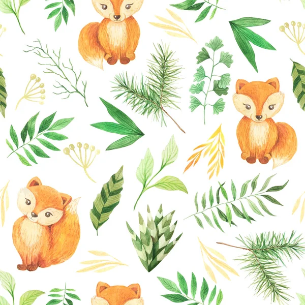 Watercolor seamless pattern with cute foxes — Stock Photo, Image