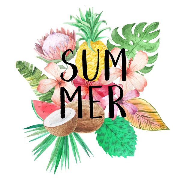 Watercolor tropical summer print composition — Stock Photo, Image