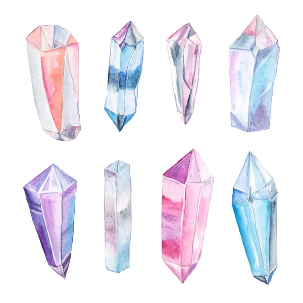 Watercolor crystals and gems in blue and pink colors — Stock Photo, Image