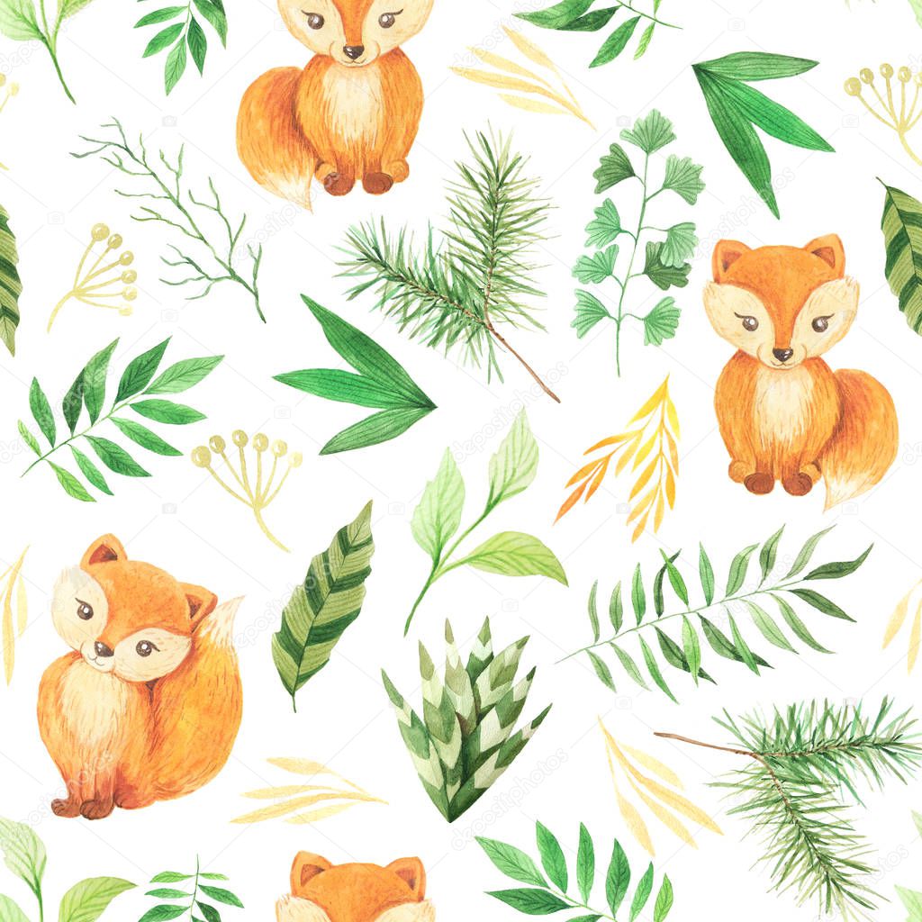 Watercolor seamless pattern with cute foxes