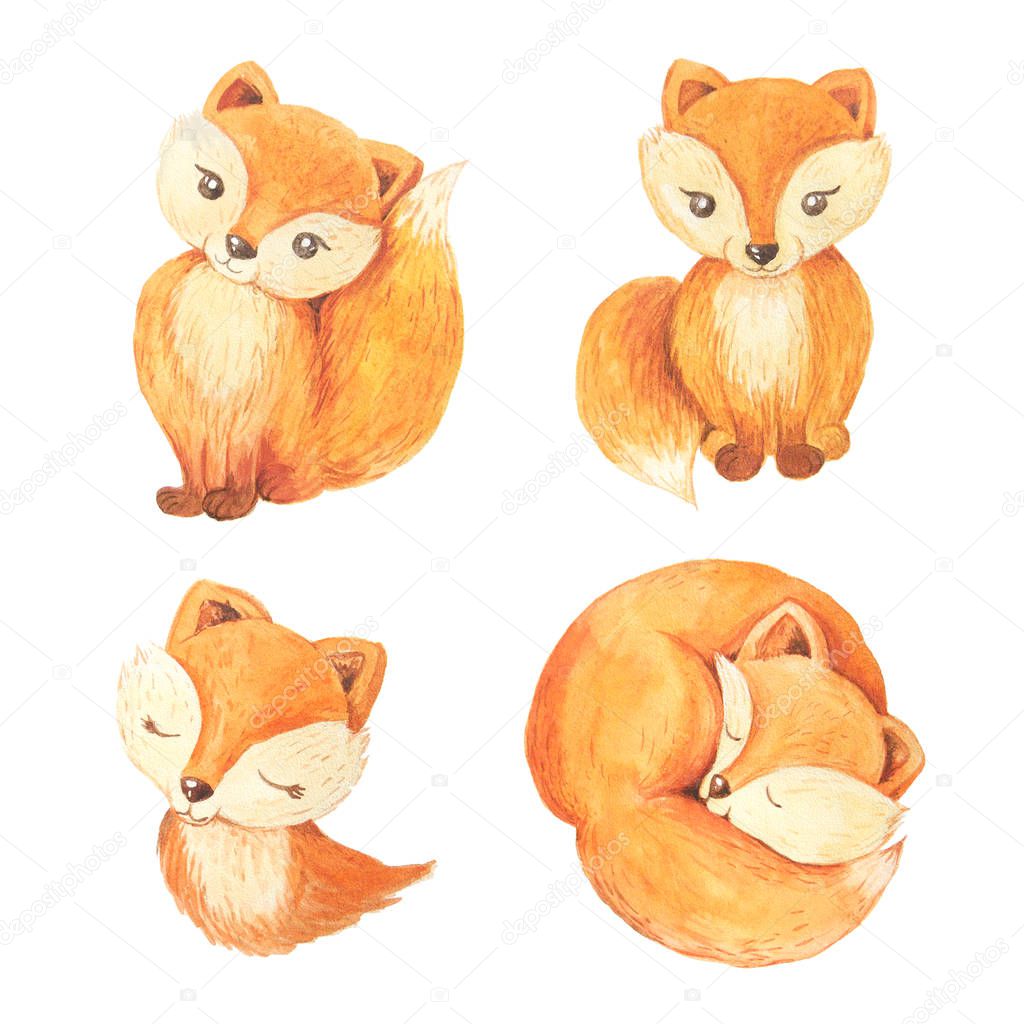 Watercolor cute orange foxes set