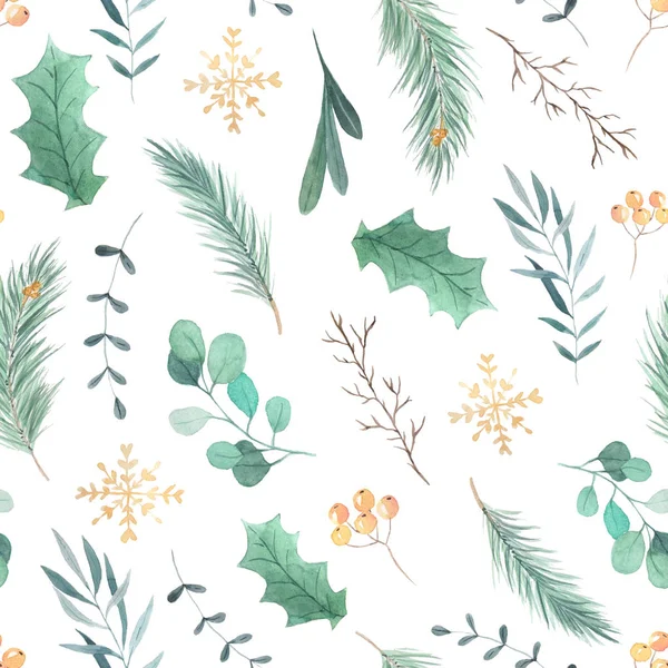 Seamless pattern with watercolor green leaves