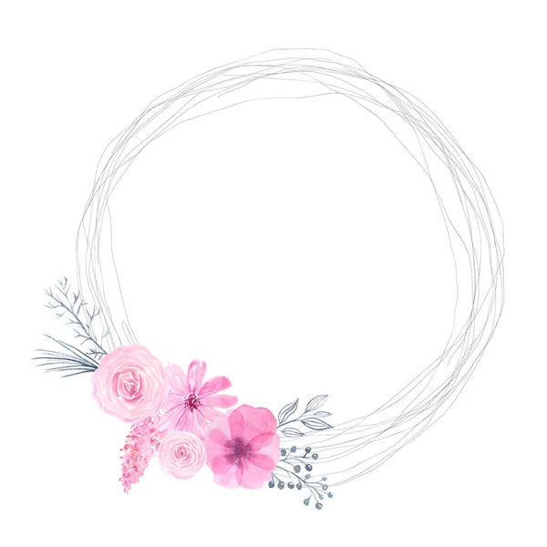 Kwiatowa rama z różowymi akwarelowymi kwiatami — Zdjęcie stockowe