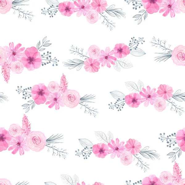 Watercolor seamless pattern with pink flowers — Stock Photo, Image