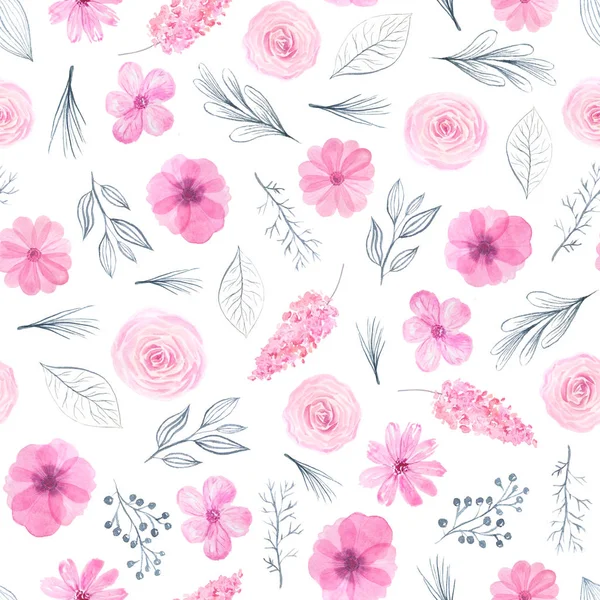 Naadloos patroon met roze rozen en anemonen — Stockfoto