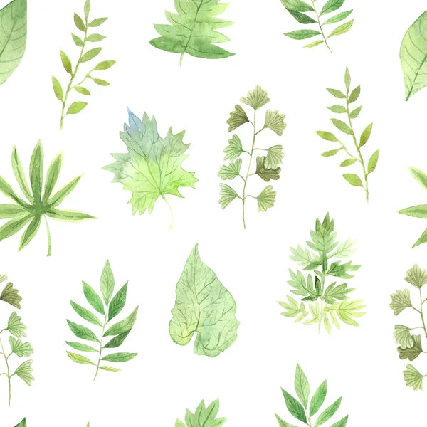 Watercolor green leaves seamless pattern