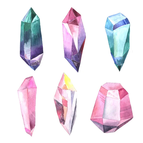 Conjunto de pedras preciosas coloridas aquarela e cristais — Fotografia de Stock