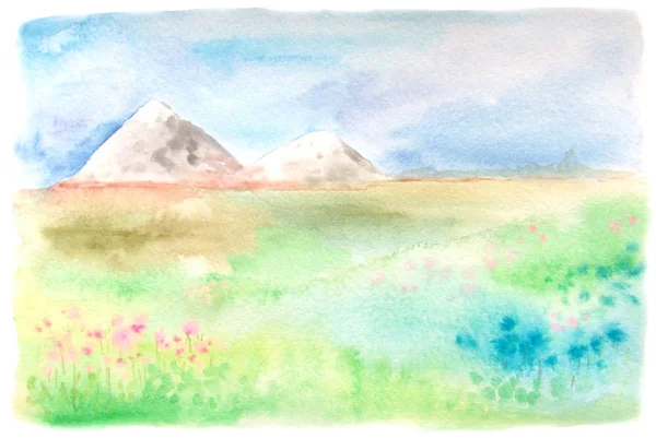 Watercolor landscape with flower field