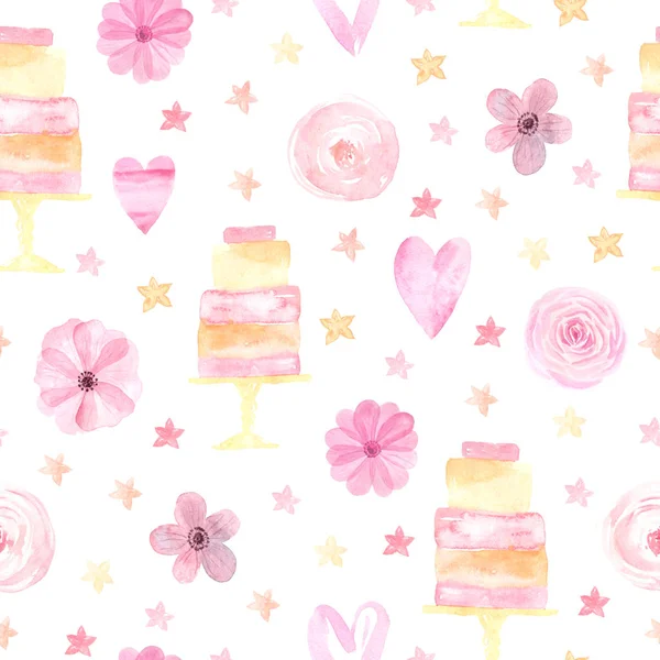 Nahtloses Muster mit rosa Rosen und Kuchen — Stockfoto