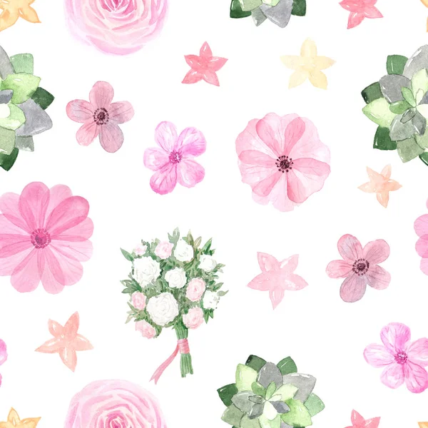 Nahtloses Muster mit rosa Rosen und Anemonen — Stockfoto