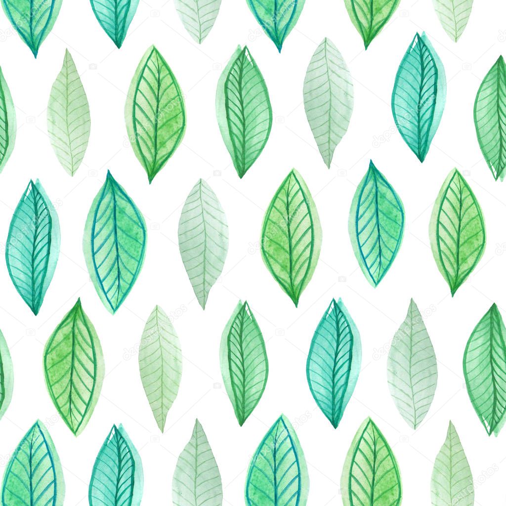 Watercolor green leaf seamless pattern 