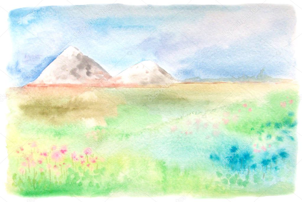 Watercolor landscape with flower field