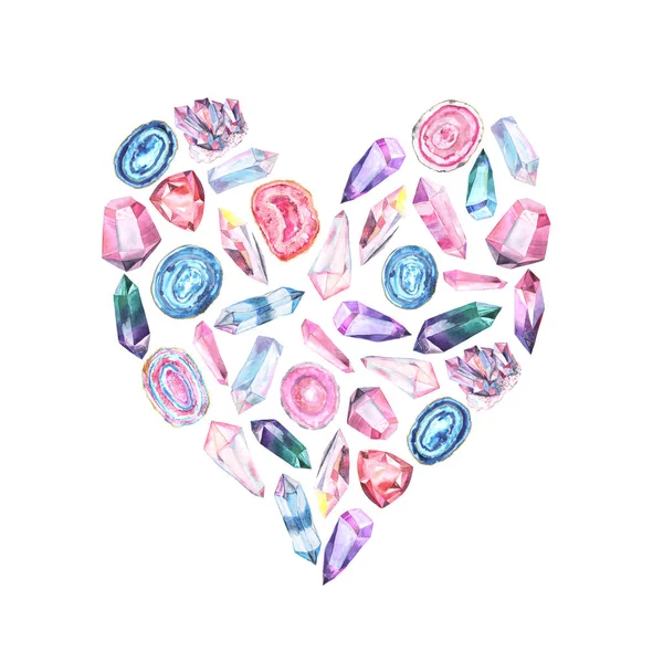 水彩色のカラフルな宝石と結晶のセット — ストック写真