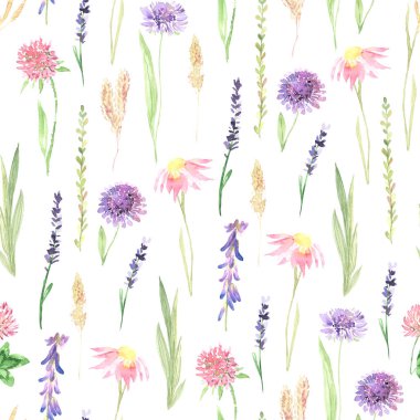 Watercolor wild flowers seamless pattern