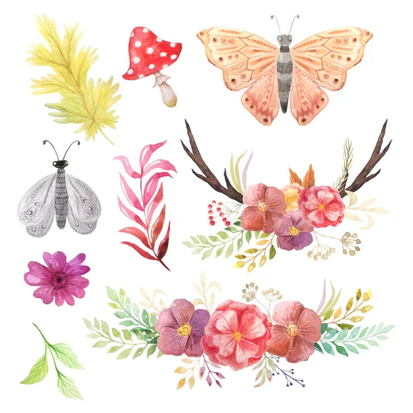 Aquarell rustikales Set von Schmetterling, Blumen und Blättern — Stockfoto