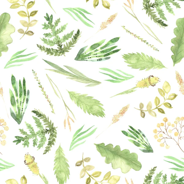 Watercolor green leaves and plants seamless pattern
