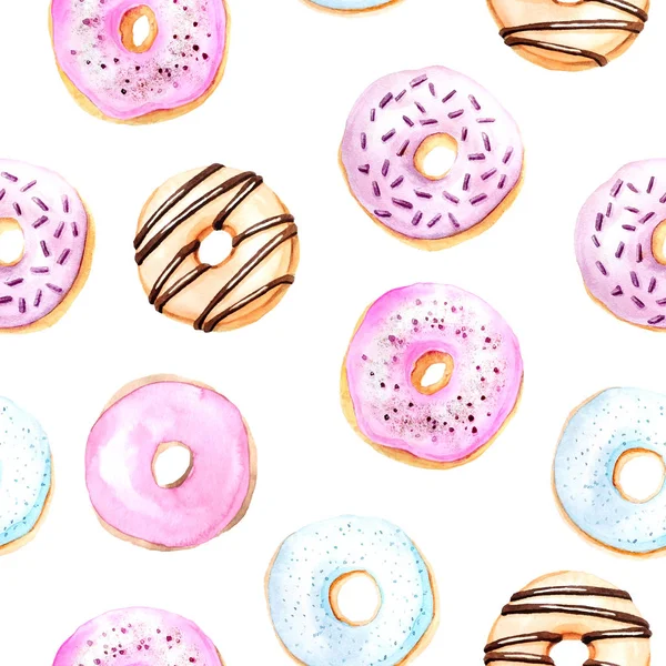 Seamless pattern with watercolor sweet and tasty donuts — 스톡 사진