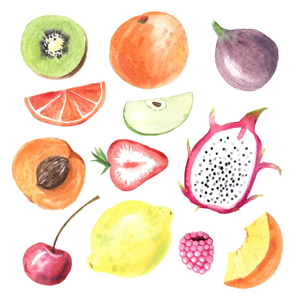 Σύνολο ζωγραφισμένα στο χέρι νερομπογιές καλοκαιρινά φρούτα — Φωτογραφία Αρχείου