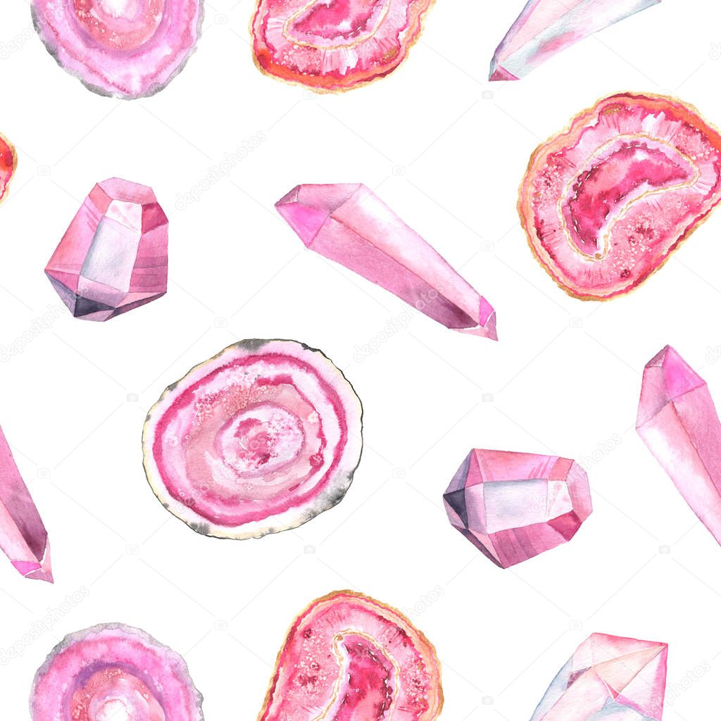 Seamless pattern with bright hand painted watercolor crystals