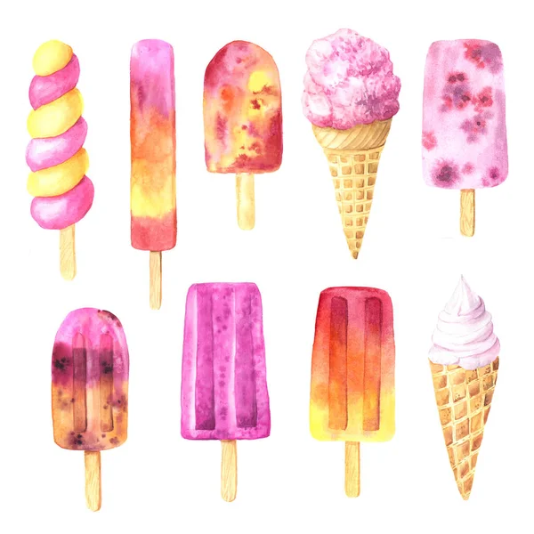 Set di gelato alla frutta ad acquerello — Foto Stock