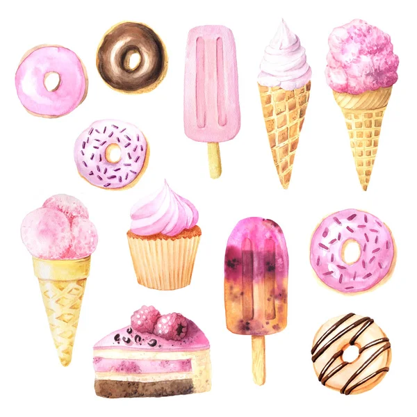 Set of hand painted watercolor ice cream — Stock Photo, Image