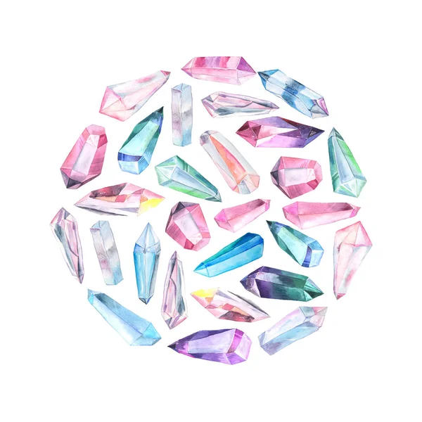 Hand painted watercolor crystals and gems — Stock Photo, Image