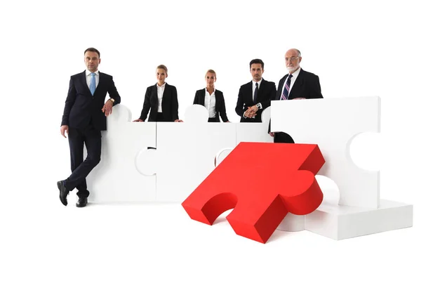 Porträt Der Geschäftsmannschaft Und Großes Puzzle Isoliert Auf Weißem Hintergrund — Stockfoto