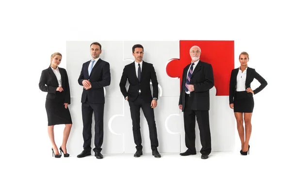 Business team portrait and big puzzle isolated on white background