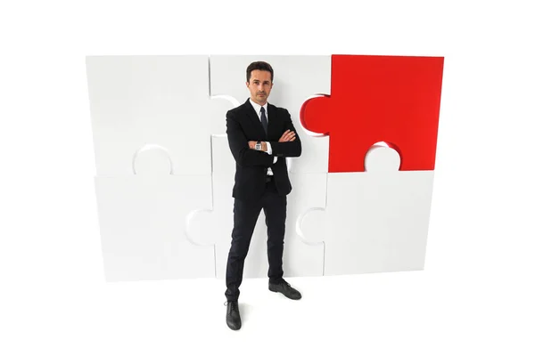 Uomo Affari Ritratto Grande Puzzle Isolato Sfondo Bianco — Foto Stock