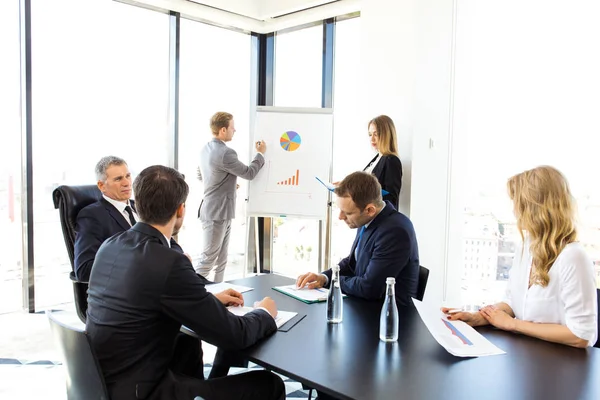 Grupo Empresários Reunião Assistindo Apresentação Relatórios Diagramas Gráficos Flip Chart — Fotografia de Stock