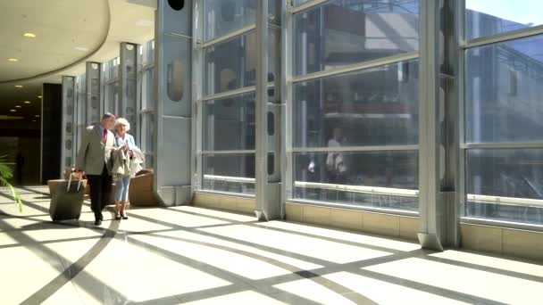 Seniorenpaar Läuft Mit Koffer Auf Flughafen Und Redet — Stockvideo