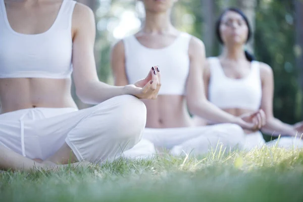 公园瑜伽训练期间 妇女坐在莲花的位置上 — 图库照片