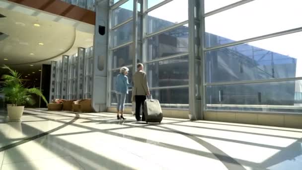 Pareja Mayor Turistas Caminando Con Maleta Aeropuerto Hablando — Vídeos de Stock