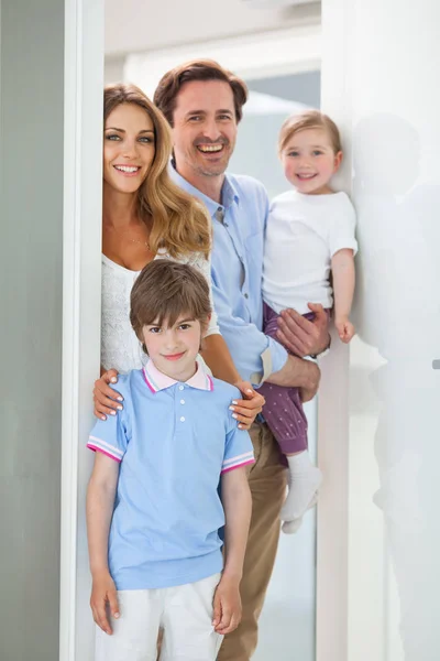 Portrait Happy Smiling Family Little Children Doorway — Stock Photo, Image