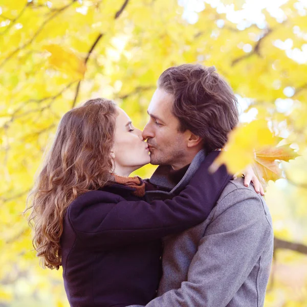 黄色のカエデの木の秋の森で半ばの大人のカップルのキス — ストック写真