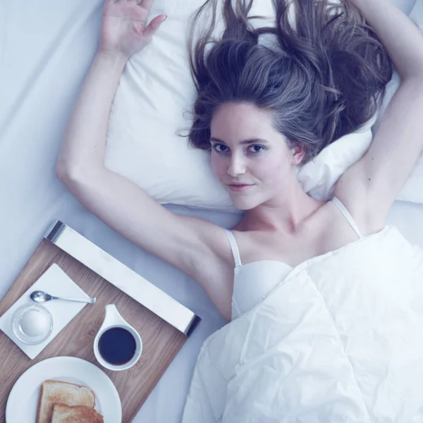 Beautiful Young Woman Having Breakfast Bed — Stock Photo, Image