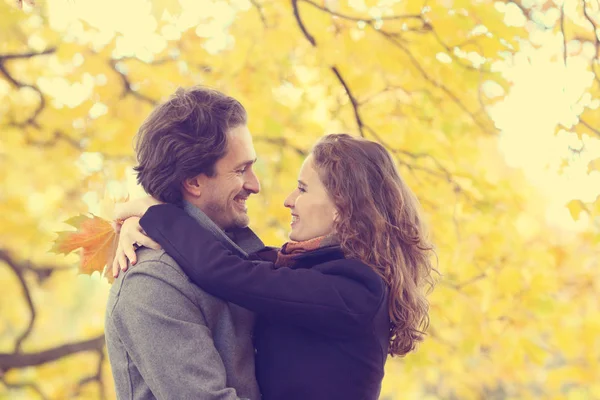 Smiling Mid Adult Couple Hug Autumn Forest Yellow Maple Trees — Stock Photo, Image